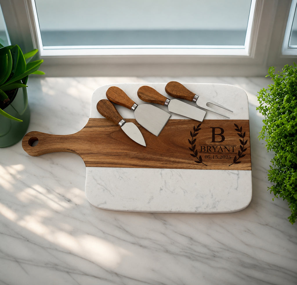 Medium Handle Serving Board with cheese utensils