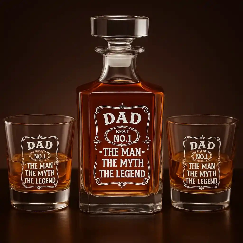 Custom Engraved Father's Day Whiskey Decanter Set, 750 mL + 2 Glasses | Personalized Gift for Dad