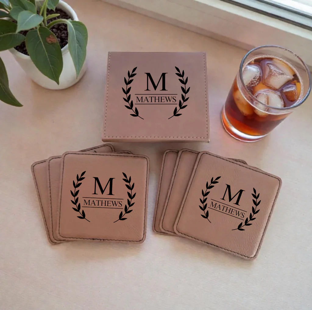 Personalized Leatherette Coaster Set with Holder