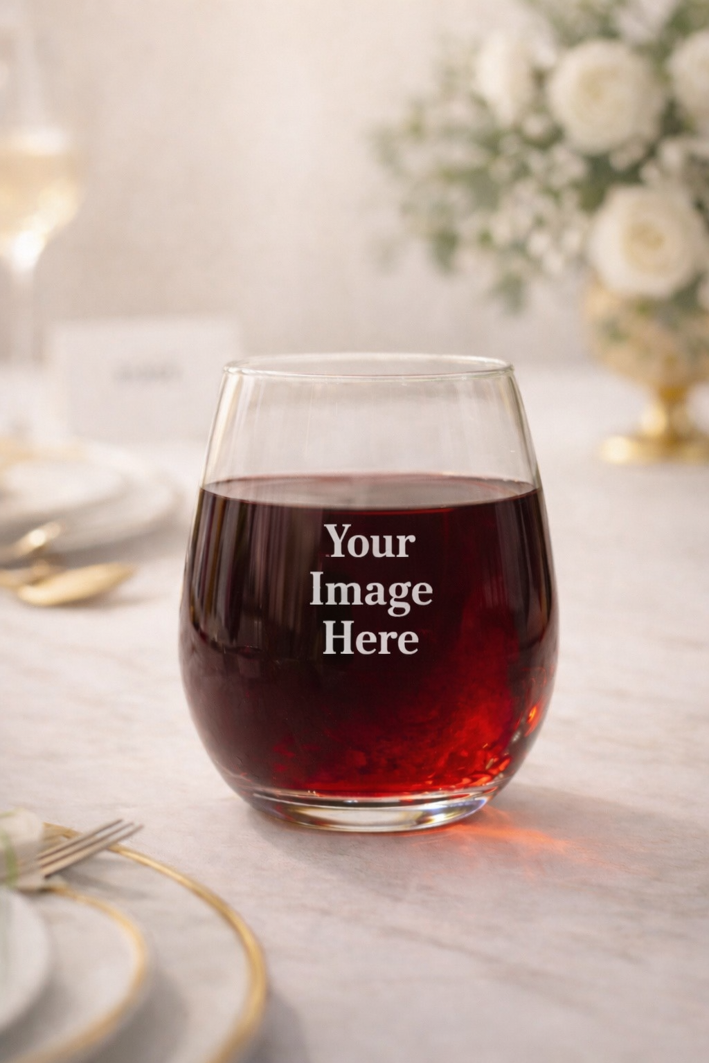 Custom UV laser engraved 15oz and 20oz stemless wine glasses for weddings, corporate events, and branded favors