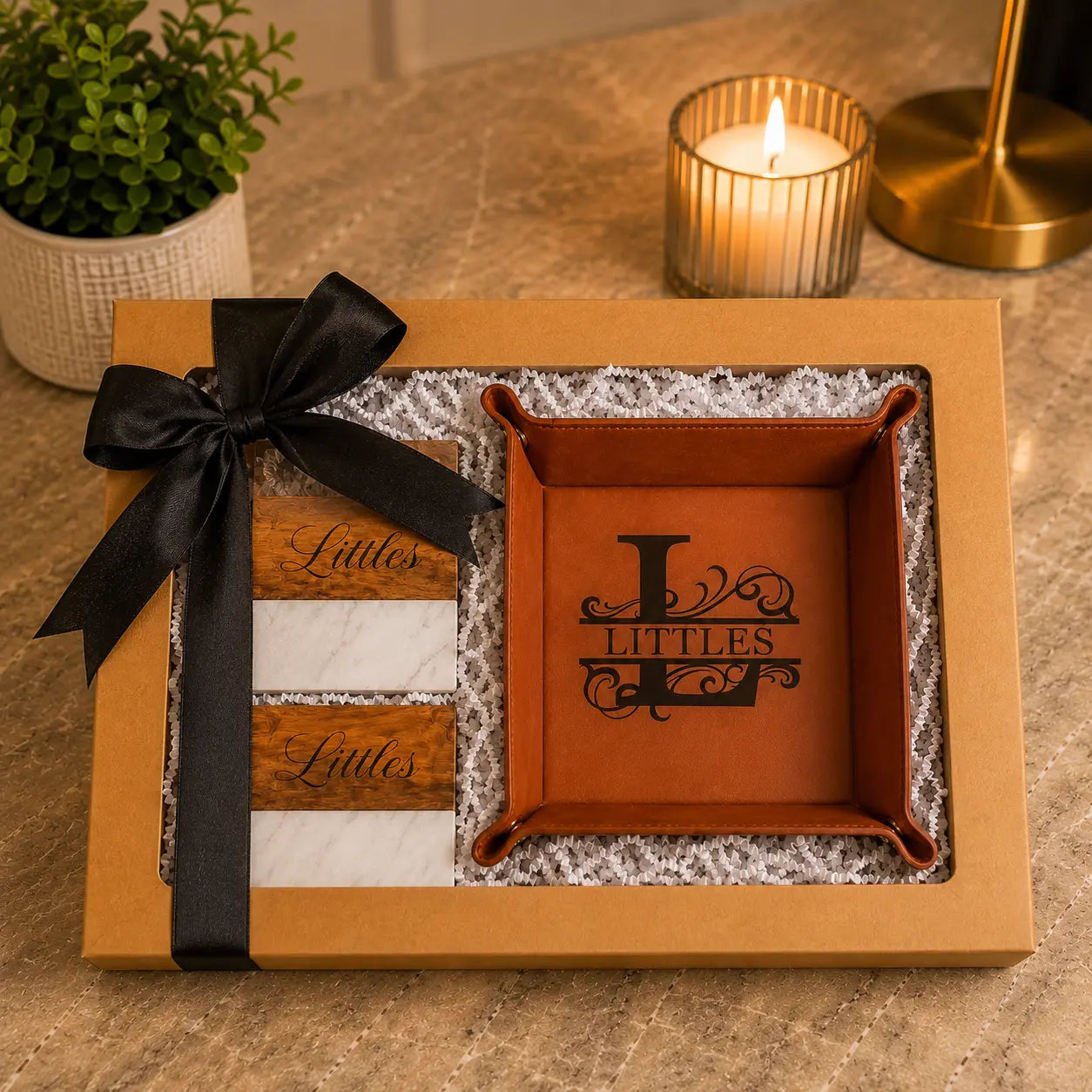Personalized Leatherette Drop Tray & Coaster Gift Set