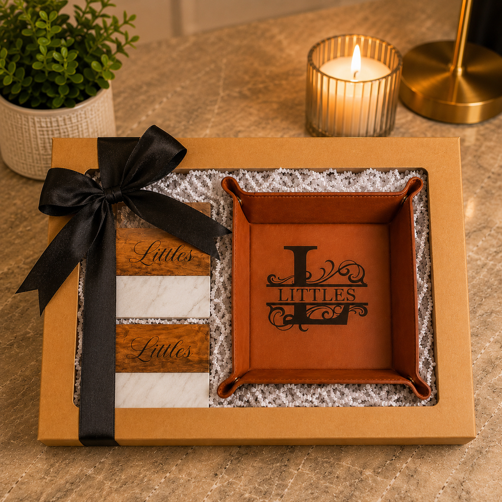 Personalized Leatherette Drop Tray & Coaster Gift Set