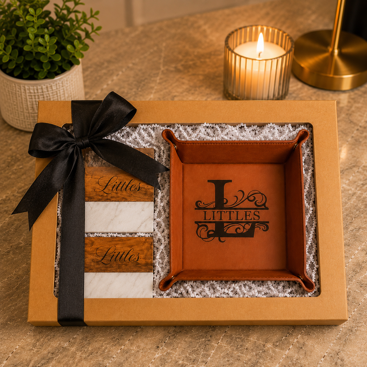 Personalized Leatherette Drop Tray & Coaster Gift Set