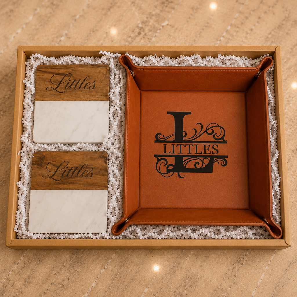 Personalized Leatherette Drop Tray & Coaster Gift Set