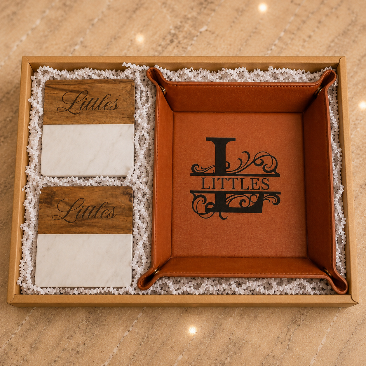 Personalized Leatherette Drop Tray & Coaster Gift Set