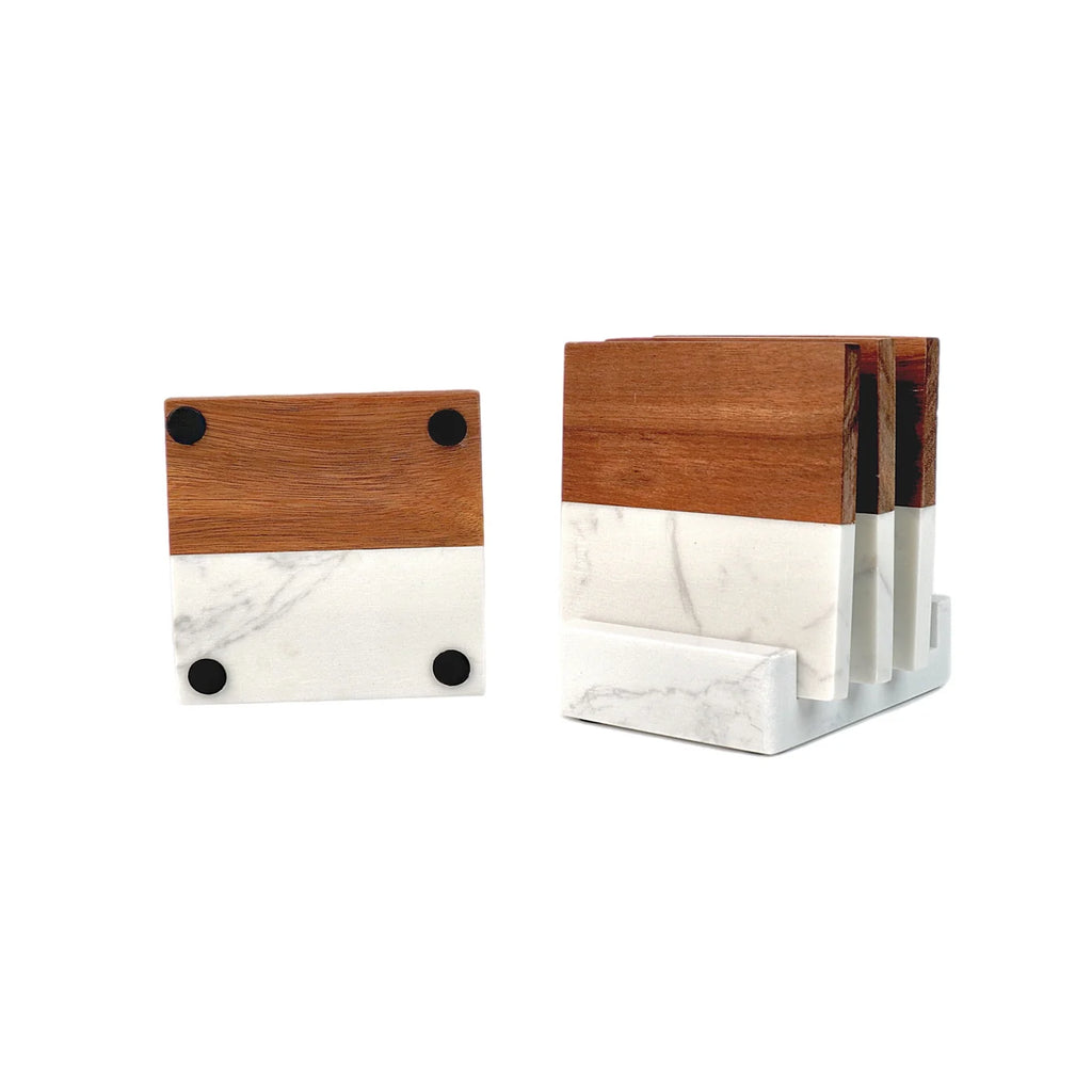 Personalized Marble and Wood Coaster Set