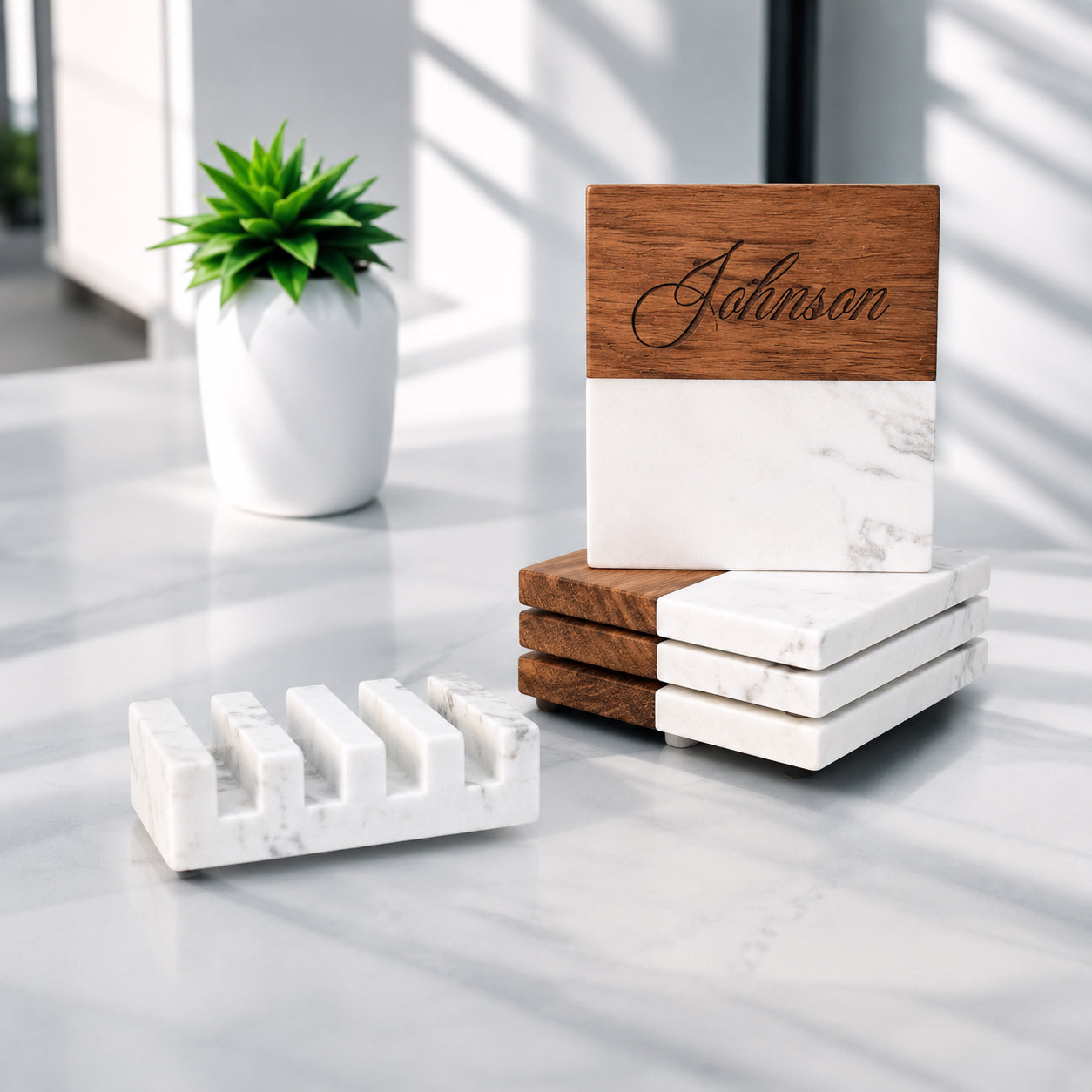 Personalized Marble and Wood Coaster Set