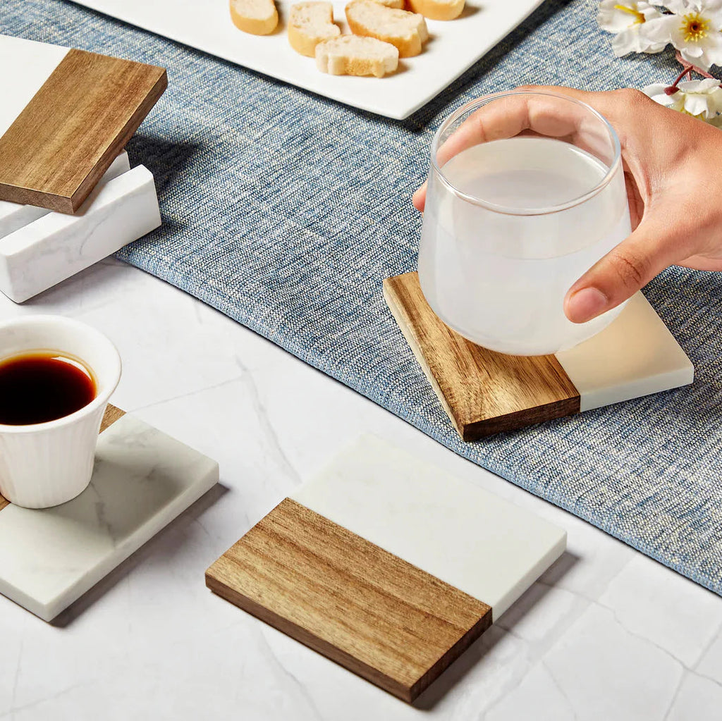 Personalized Marble and Wood Coaster Set
