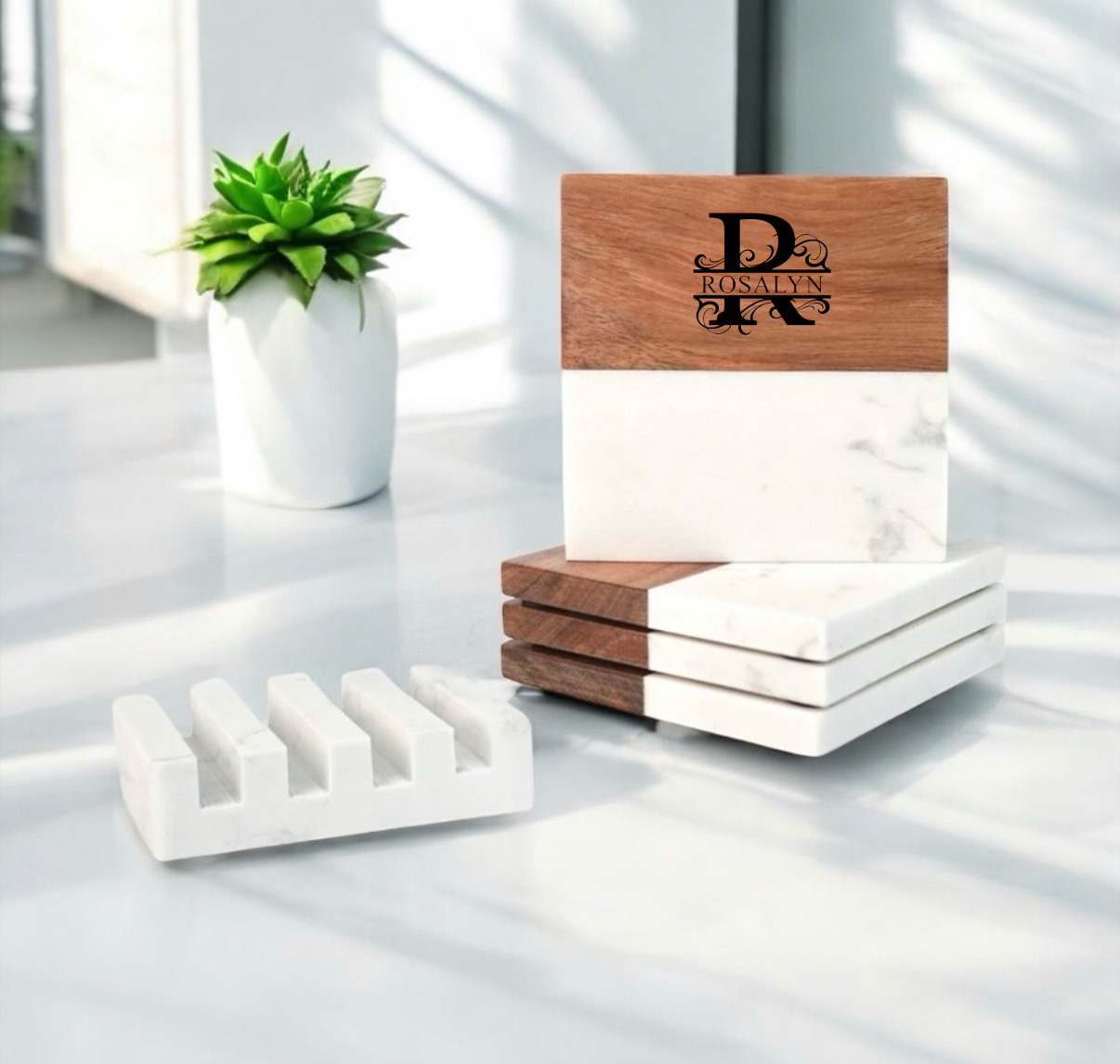 Elegant Marble & Acacia Wood Coaster Set with Marble Base