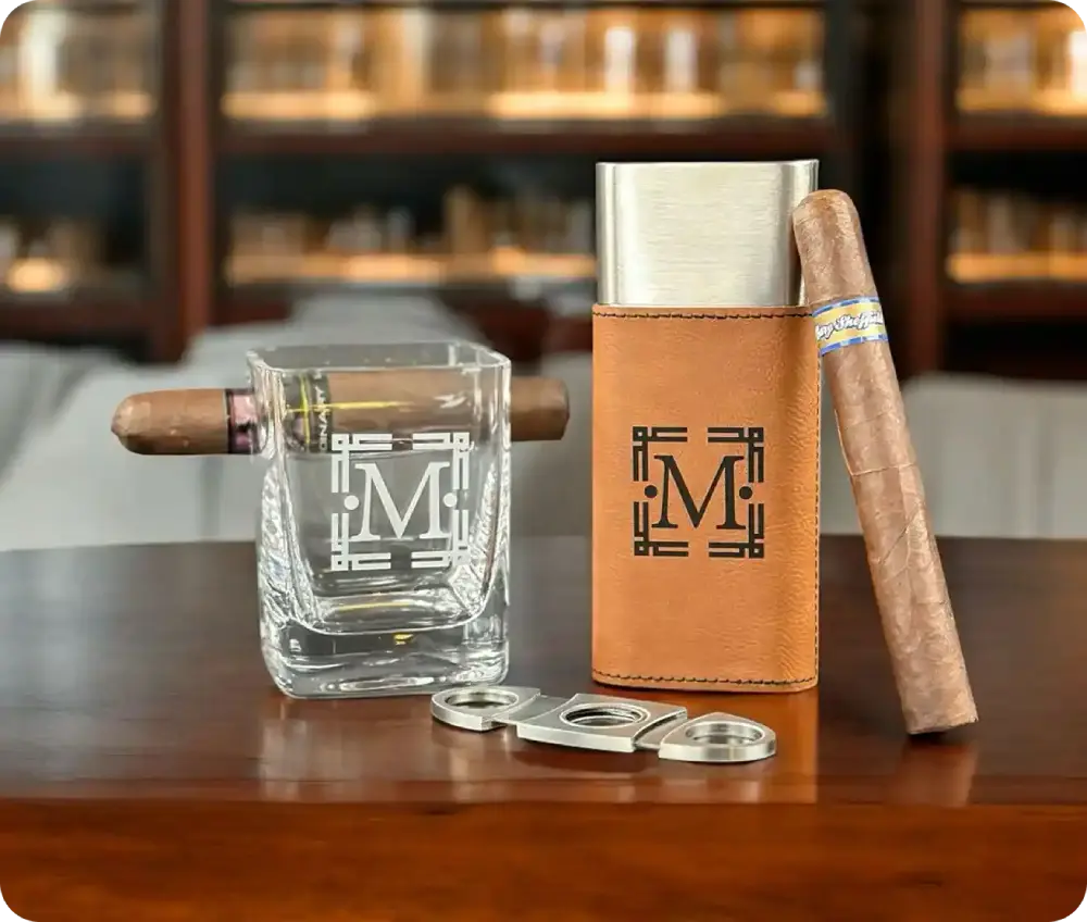 Custom Whiskey Glass & Cigar Holder Bundle
