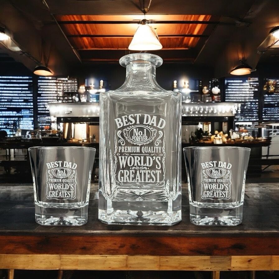 Custom Engraved Father’s Day Whiskey Decanter Set – 750 mL + 2 Glasses | Personalized Gift for Dad
